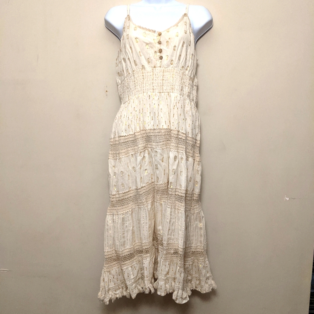 Me 2 Magic Cream And Gold Metallic Cotton Strap Dress L